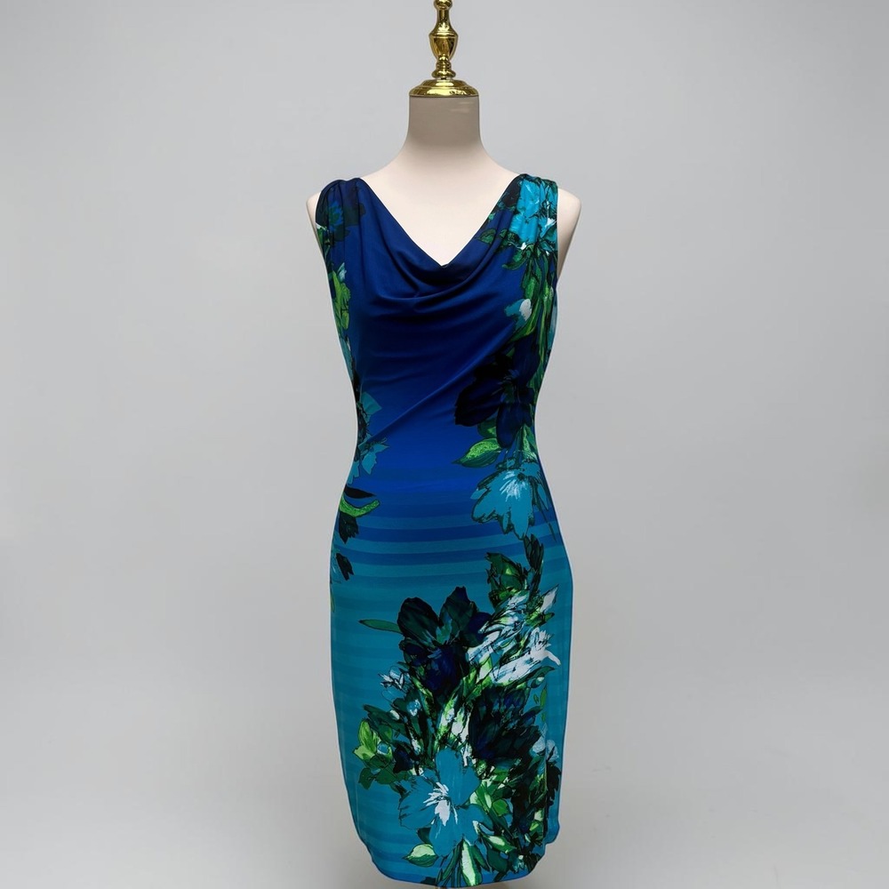 Cache Floral Cowl Neck Sheath Dress S Blue Stretch Tropical Resortwear Garden